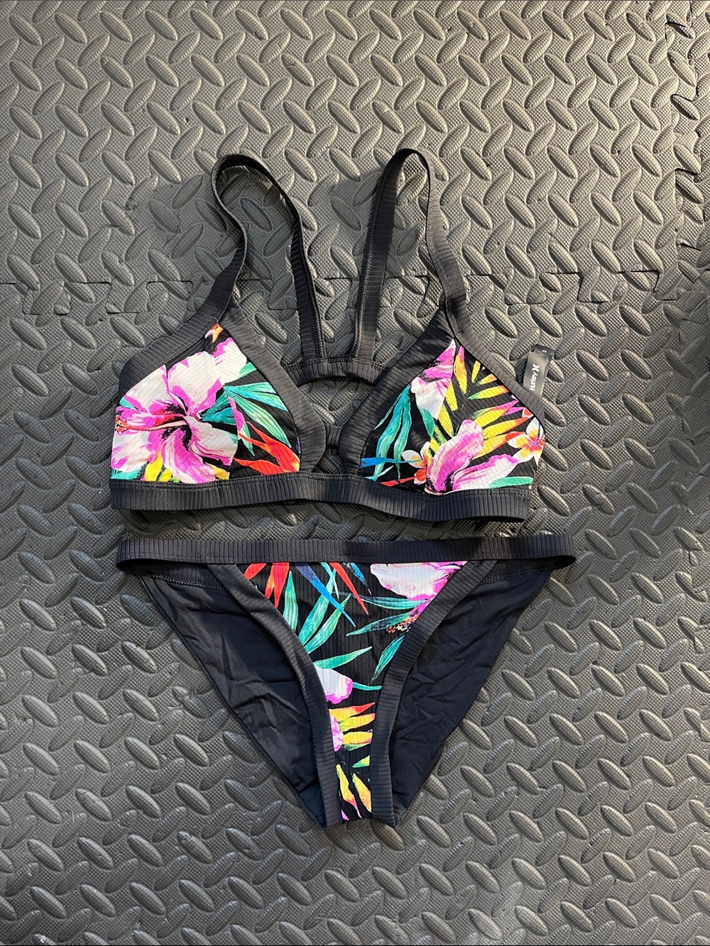 Black Ribbed Tropical Floral Bikini Set - Women Swim